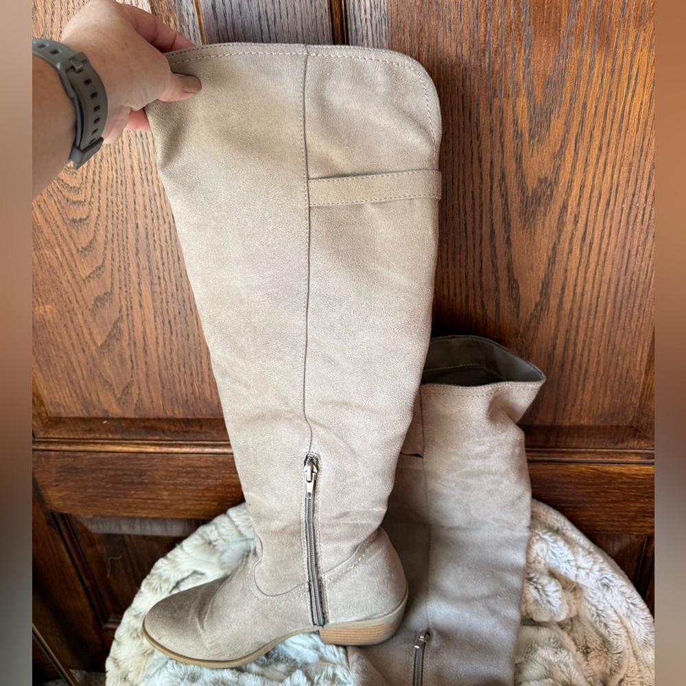 Maurice’s knee-high, wide calf taupe boots